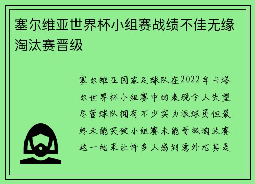 塞尔维亚世界杯小组赛战绩不佳无缘淘汰赛晋级